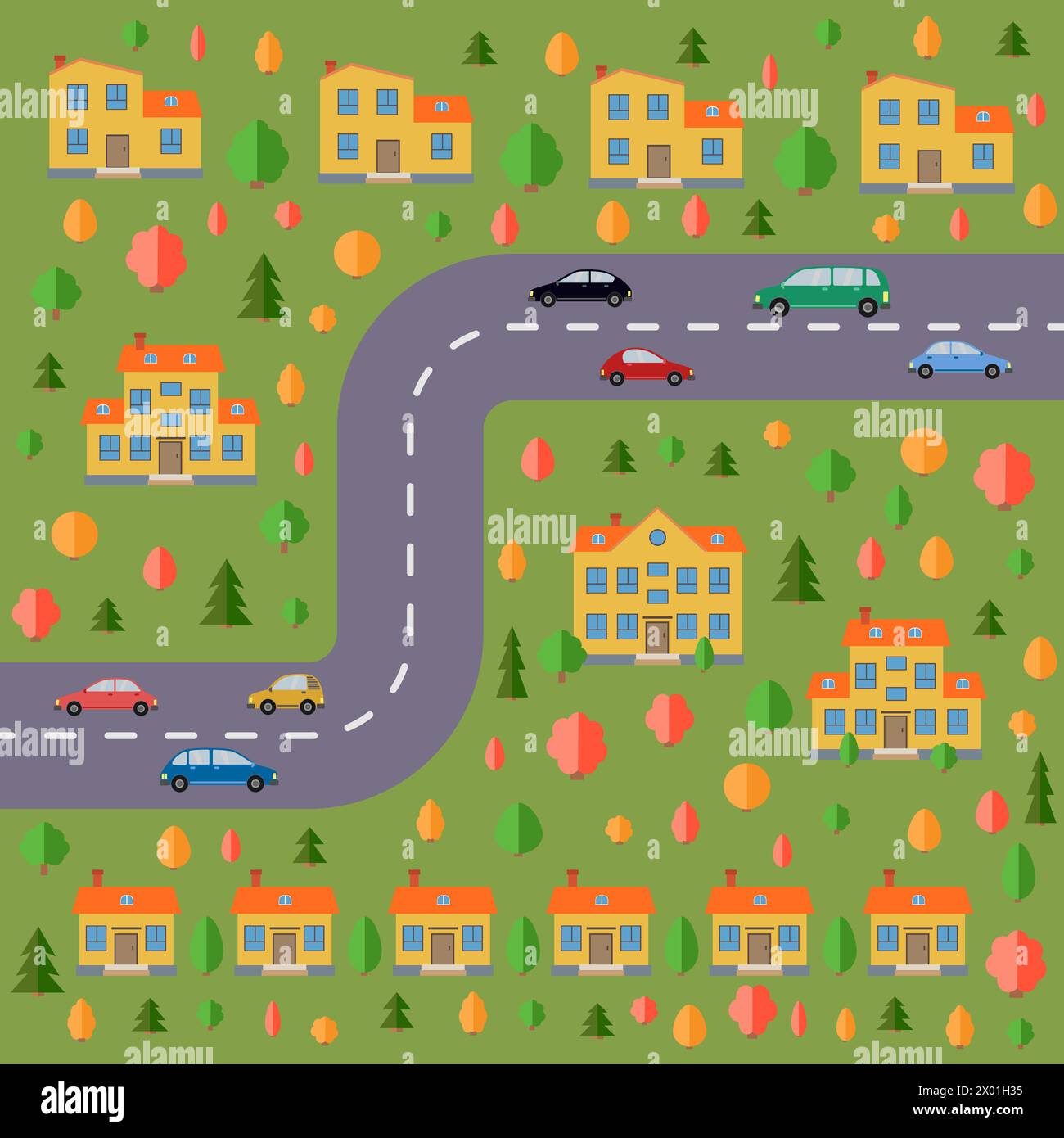 Plan des Dorfes. Landschaft mit Straße, Wald, Autos und Häusern. Vektorabbildung Stock Vektor