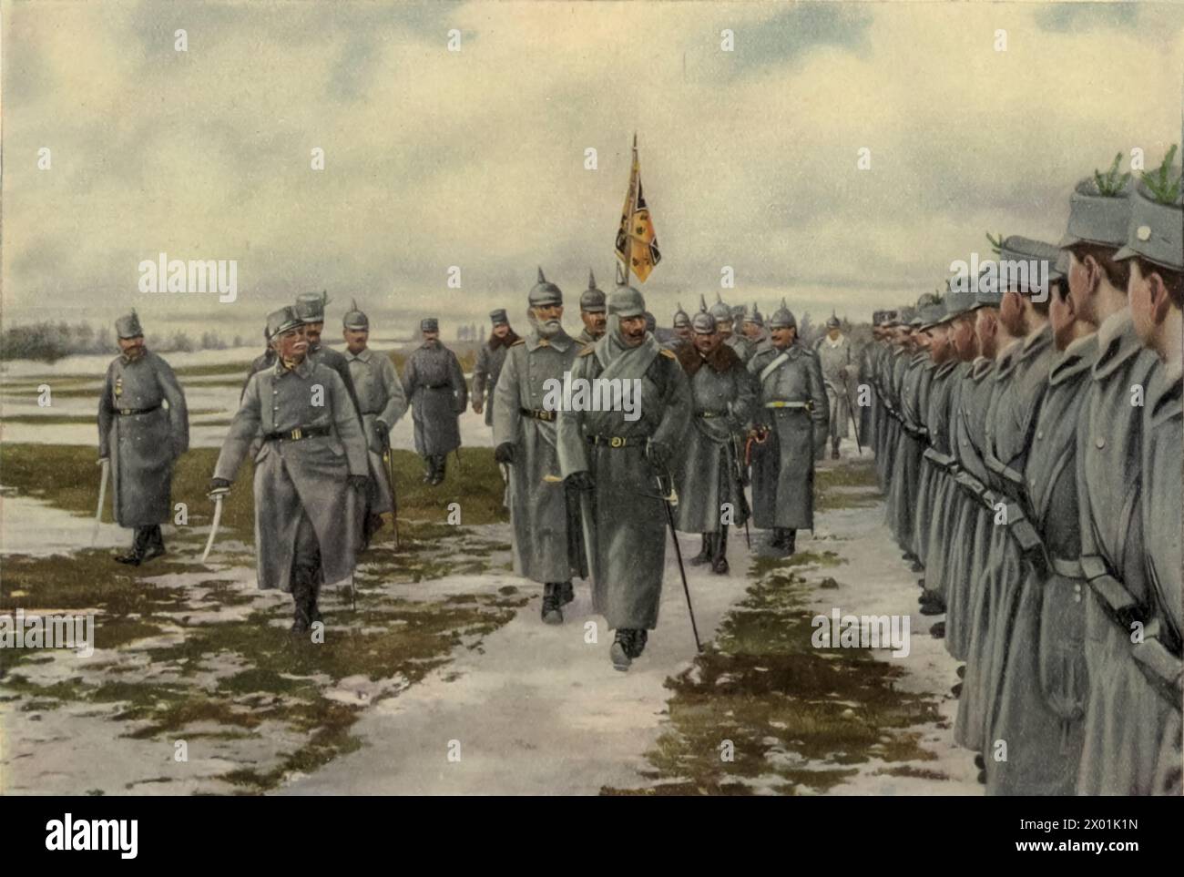 Illustration von Kaiser Wilhelm, der seine Truppen inspiziert. Frontispiece aus „The Story of the Great war; the complete Historical Records of Events to date, Volume IV“ (1916). Stockfoto