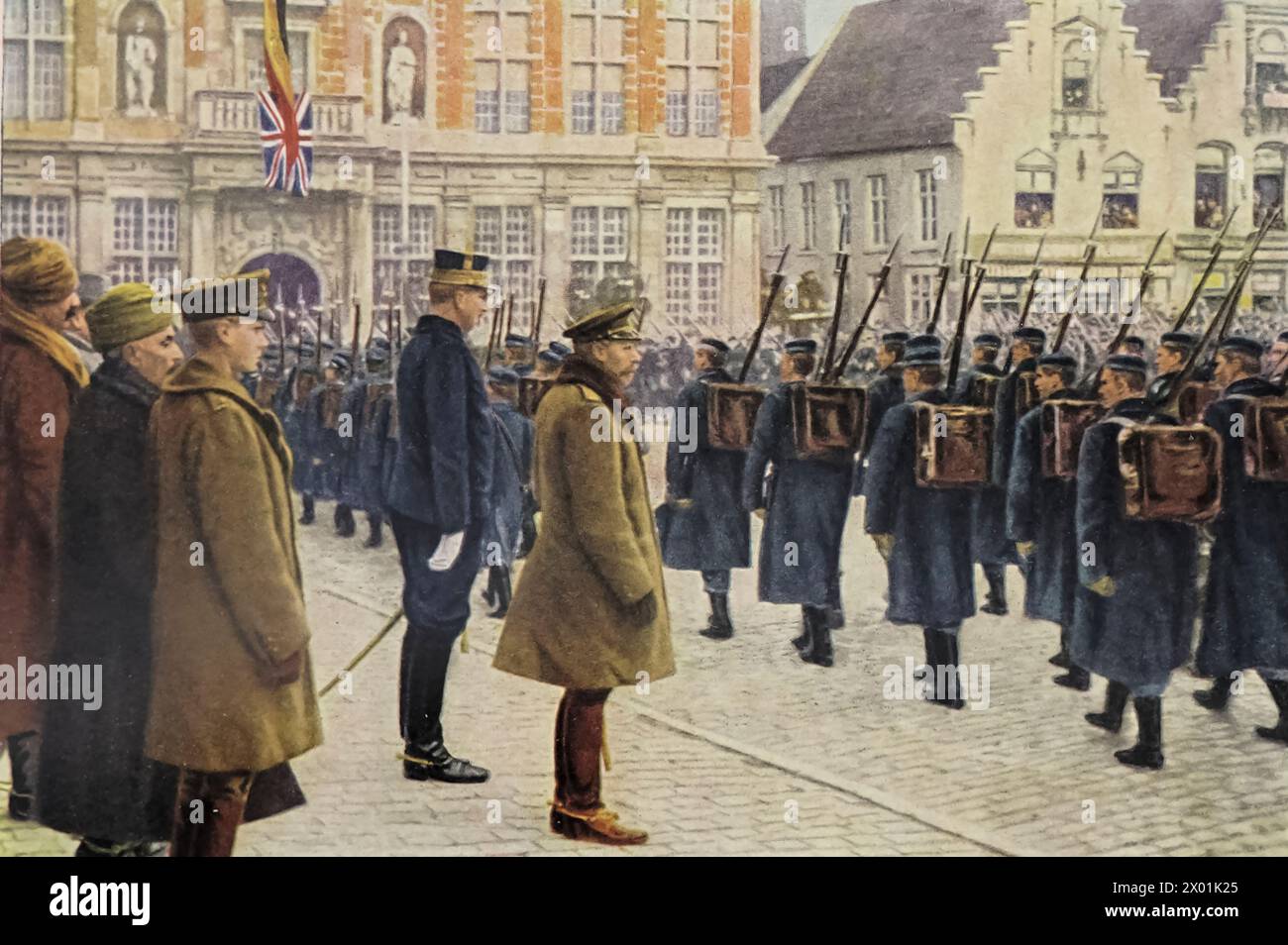 König Georg V. überprüfte die Armeen in Frankreich. Farbiges Frontispiece aus „The Story of the Great war; the complete Historical Records of Events to date, Volume III“ (1920). Stockfoto