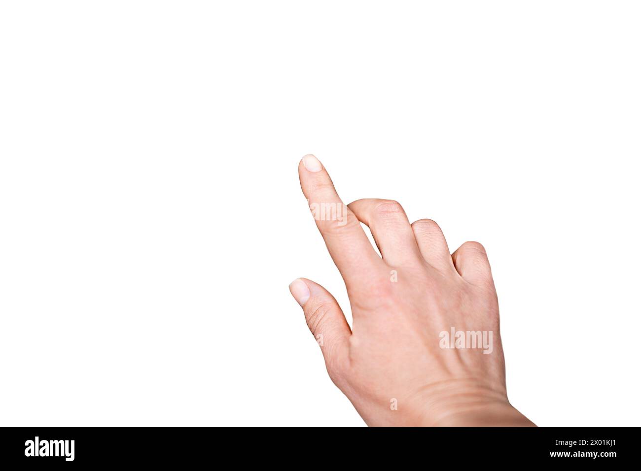 Die Frauenhand macht eine Geste, zeigt auf etwas auf einem weißen Hintergrund. Finger, Daumen, Nagel, Handgelenk und Kunstfertigkeit der Hand sind di Stockfoto