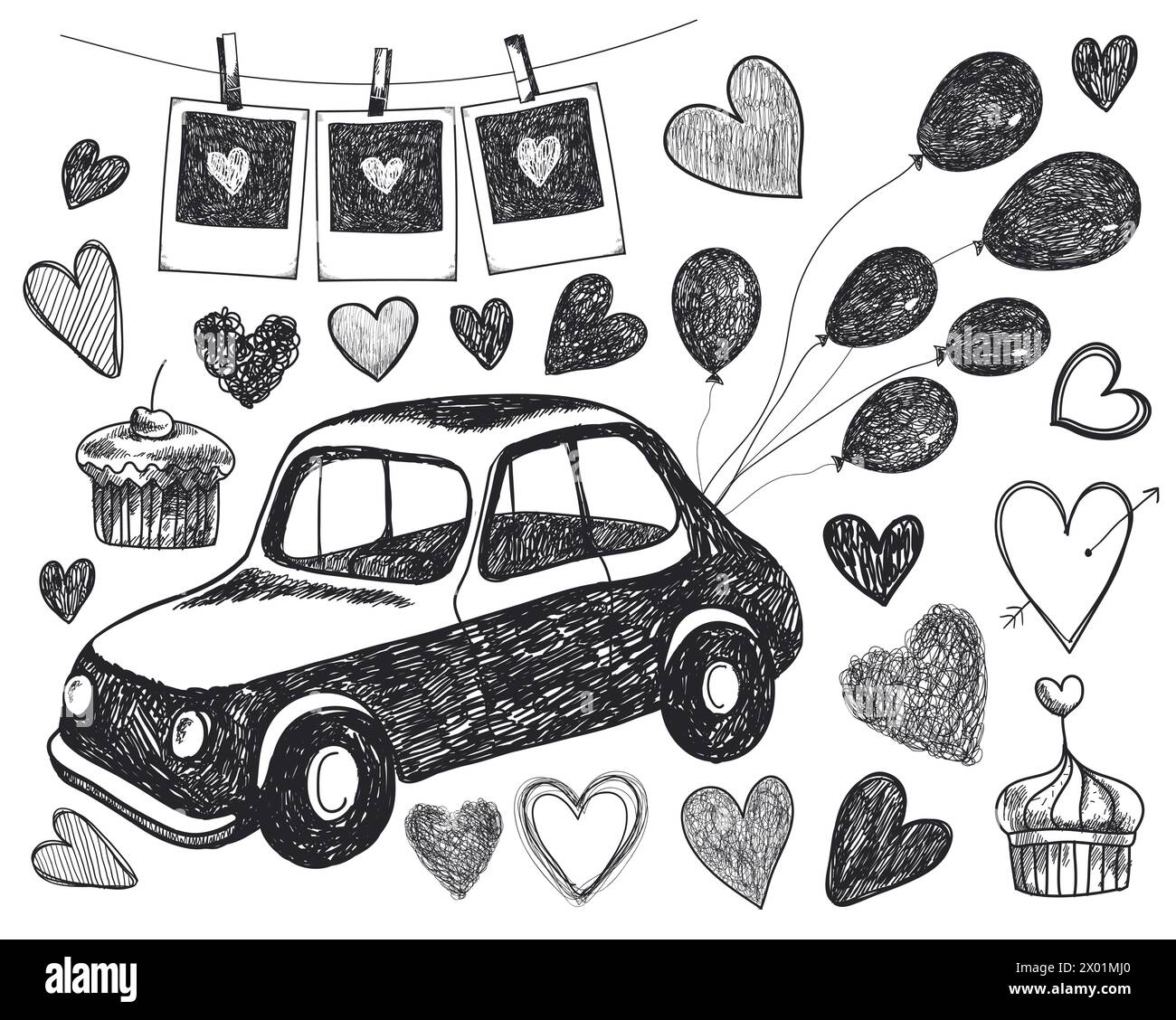 Vektor-Doodle-Hochzeit, romantisch, Liebesillustration. Set aus schwarz-weißen Elementen, Retro-Karte, Luftballons, Herzen, Kuchen, Bilder, Speichern Sie das Datum Stock Vektor