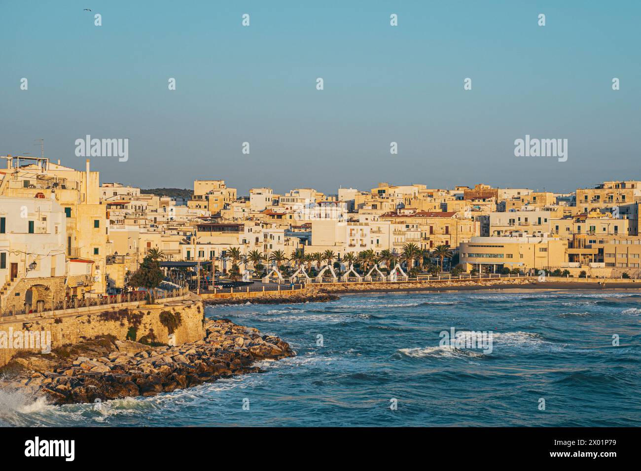 Blick auf die Vieste vom Meer. Vieste, Foggia, Apulien, Italien, Europa. Stockfoto