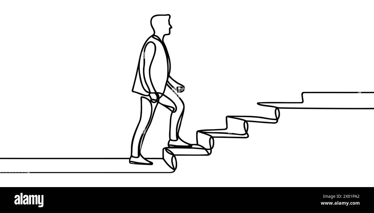 Durchgehende einzeilige Zeichnung. Erreiche das Ziel. Geschäftsmann klettert die Treppe zum Ziel. Illustration des Konzepts des Geschäftsvektors. Stock Vektor