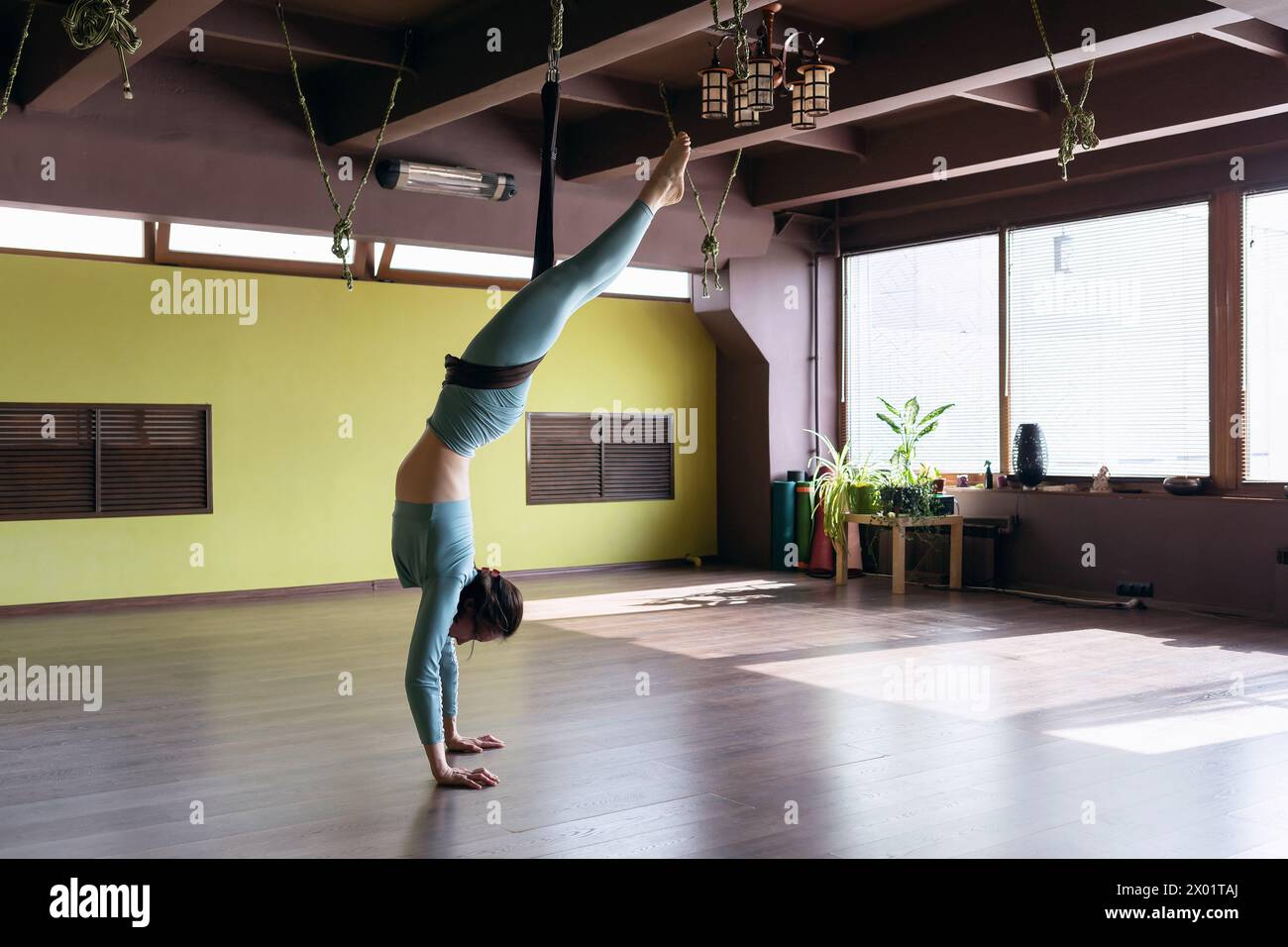 Eine Frau führt die Adho Mukha Vrikshasana-Übung durch, nach unten gerichtete Baumhaltung, benutzt eine Hängematte für Sicherheit, trainiert in einem Yoga-Studio in Sportbekleidung Stockfoto
