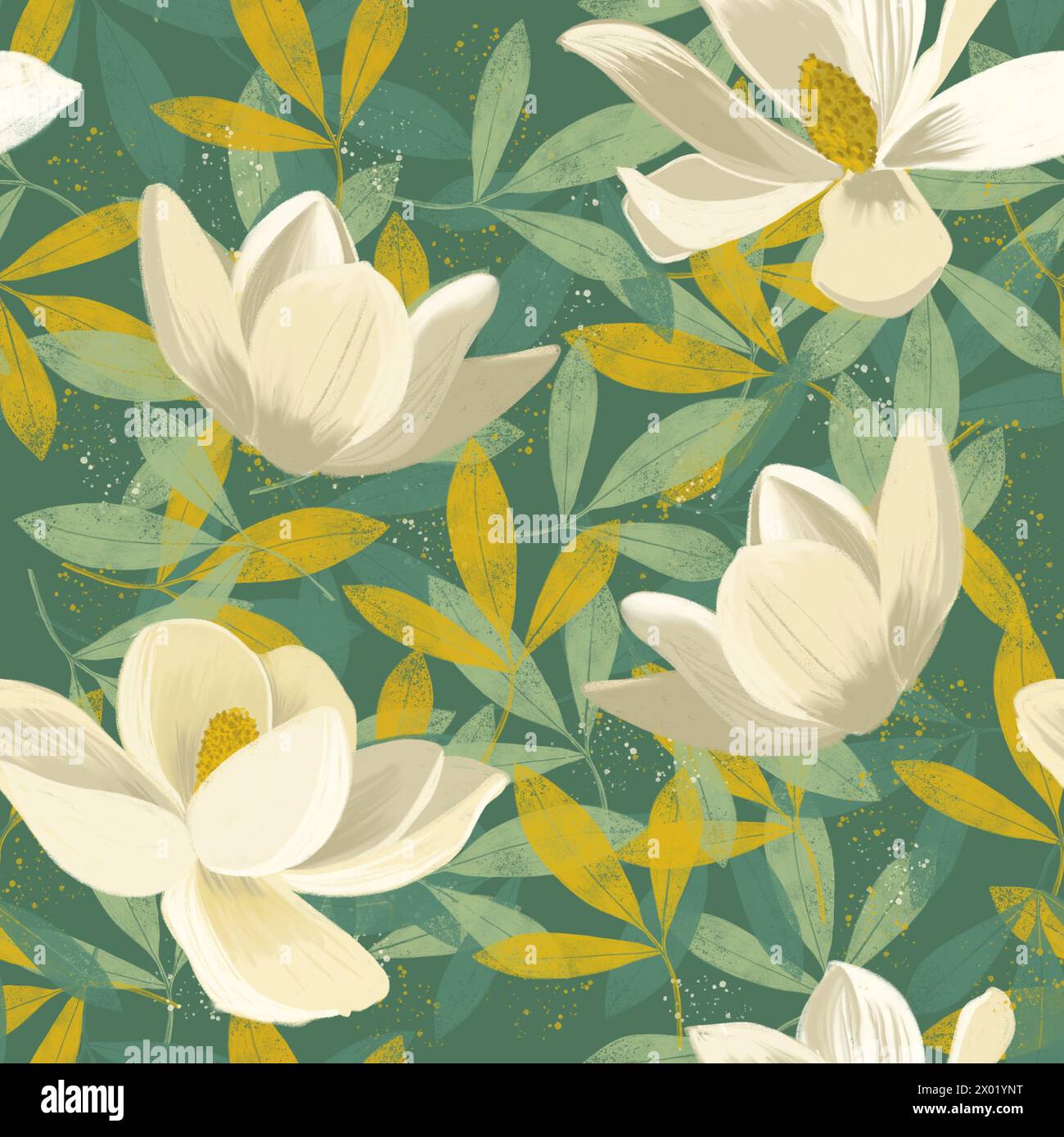Handgemaltes nahtloses Blumenmuster in warmen Farben mit weißen Magnolienblüten und Blättern Stockfoto