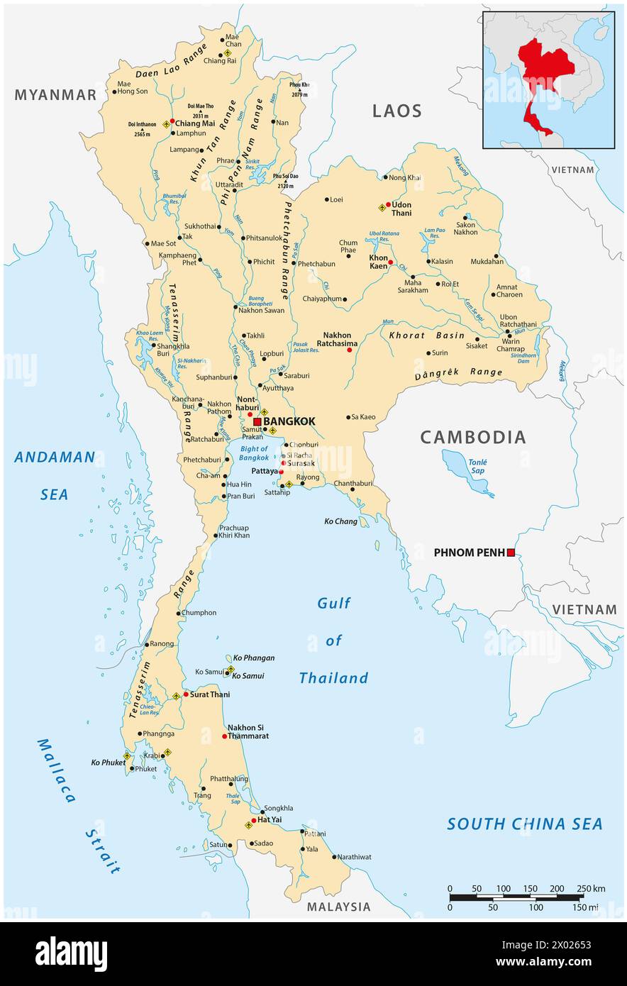Detaillierte Vektorkarte des asiatischen Staates Thailand Stockfoto
