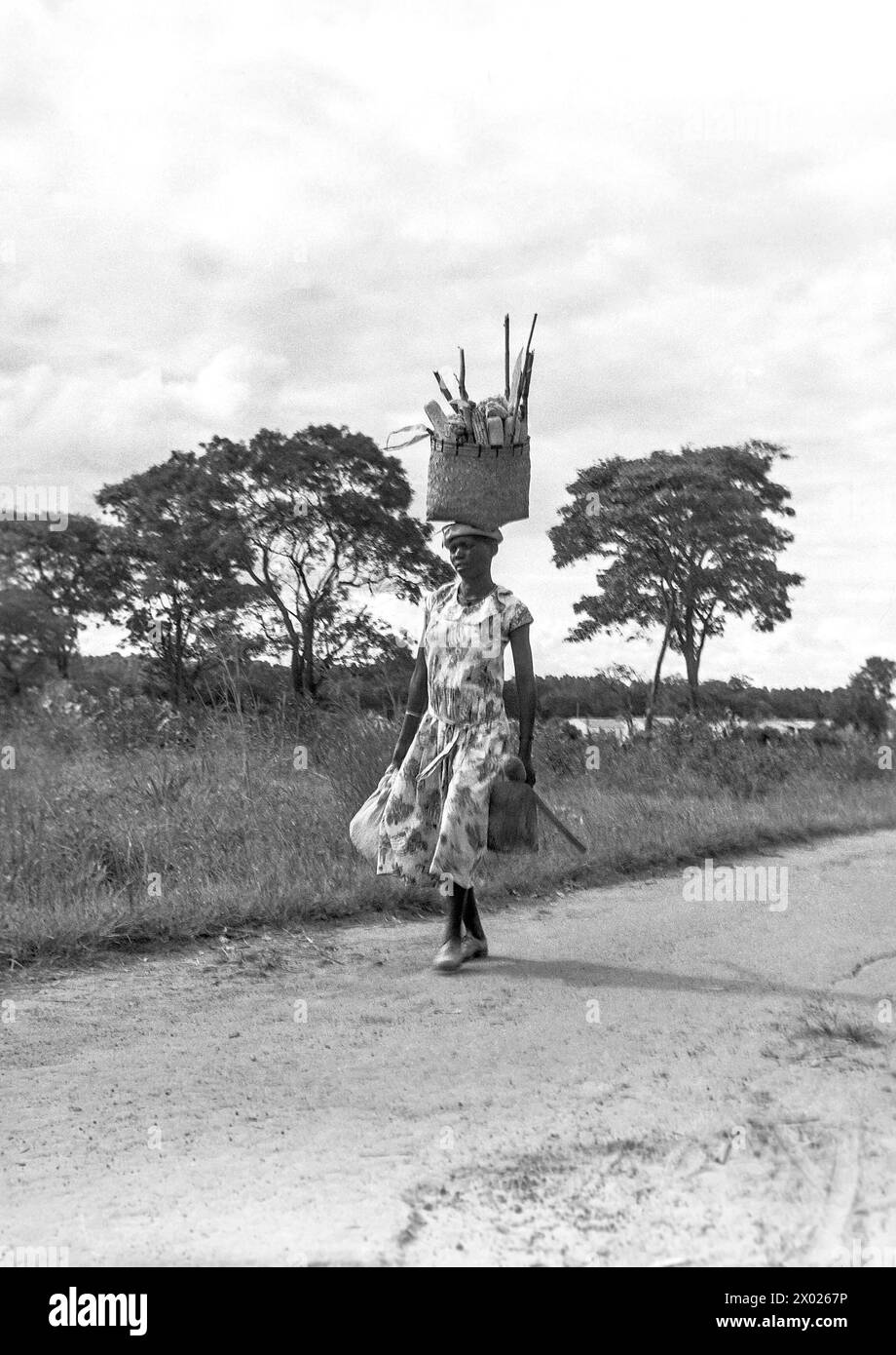 Eine junge Frau, die mit einem großen Einkaufskorb auf dem Kopf läuft. Nordrhodesien/Sambia um 1955 Stockfoto