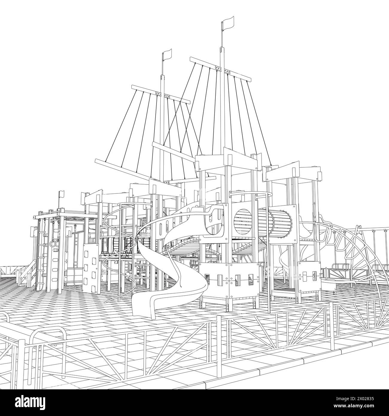 Spielplatz für Kinder, Silhouetten Vektor Illustration. Parkschablonen isoliert auf weißem Hintergrund. Handgezeichnete Illustration von Kinderspielplatz, Park, li Stock Vektor