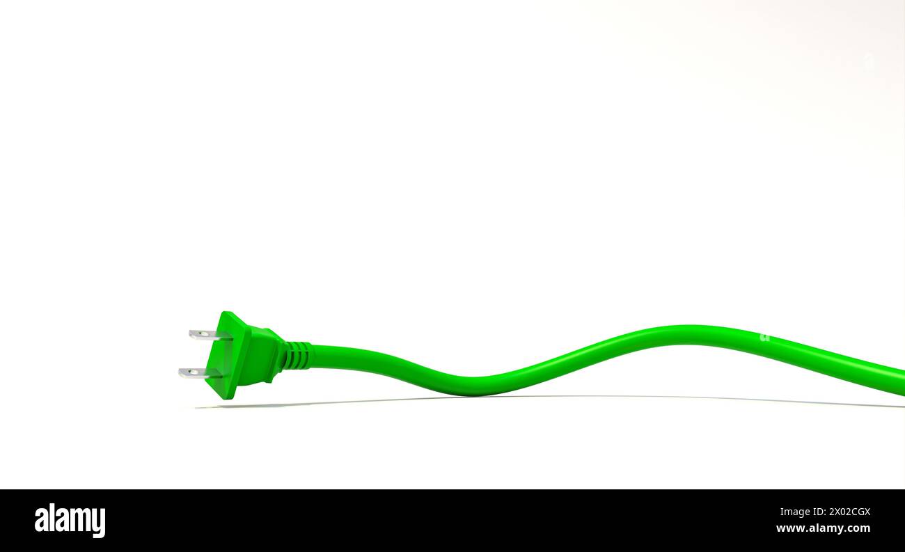 Leuchtender grüner Netzstecker mit flexiblem Kabel, isoliert auf weißem Hintergrund Stockfoto