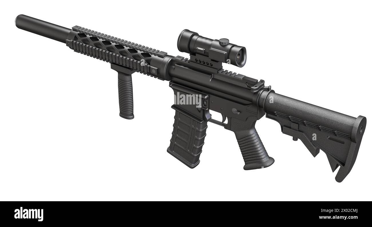 3D-Darstellung eines schwarzen Scharfschützengewehrs mit Oszilloskop auf weißem Hintergrund Stockfoto