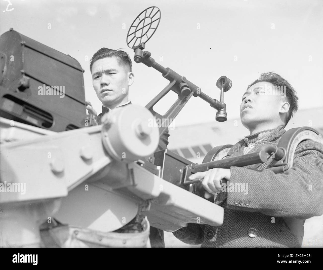 SCHÜTZENSCHULE FÜR INTERALLIIERTE HANDELSSEEMÄNNER. 1. UND 2. APRIL 1942, LIVERPOOL. - Zwei Chinesen, die eine Oerlikon-Waffe besetzen; AFU Lay Liu (links) und Apu Cot Wong Stockfoto