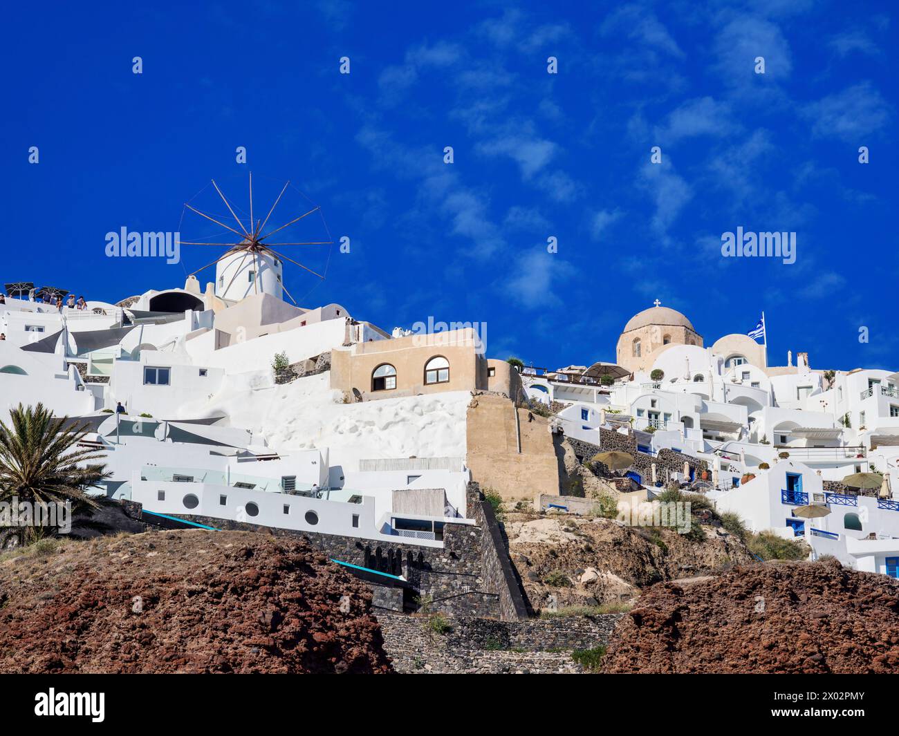 Oia Village, geringer Blick, Insel Santorini (Thira), Kykladen, griechische Inseln, Griechenland, Europa Stockfoto