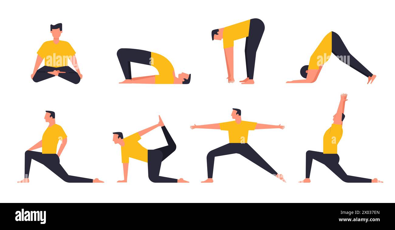 Männliche Charaktere üben Pilates oder Yoga Stock Vektor