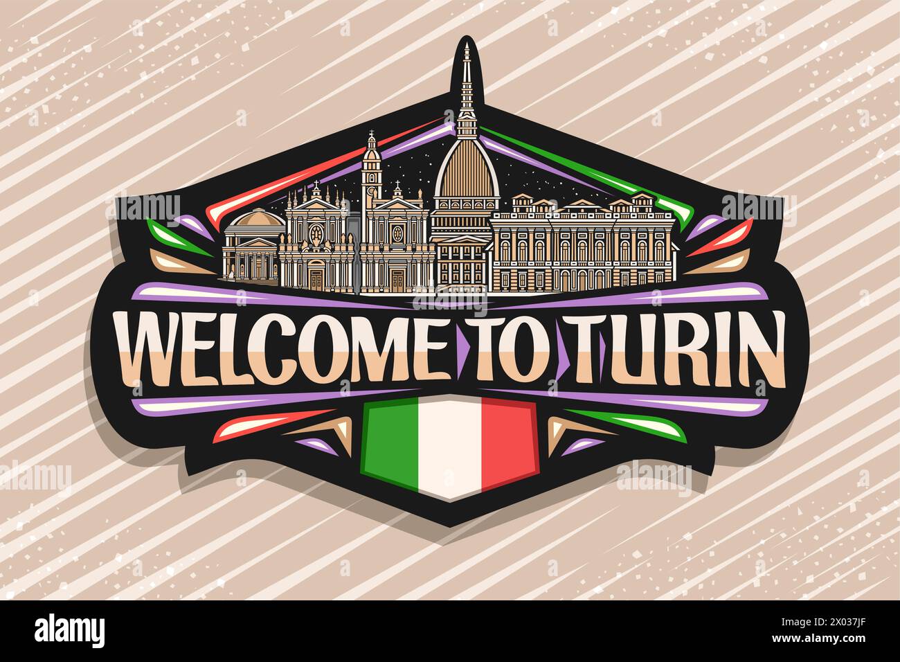 Vektor-Logo für Turin, schwarzer dekorativer Tag mit Umrissillustration des historischen Panorama turin Stadtlandschaft auf Dämmerung Himmel Hintergrund, Linie Art Design Stock Vektor
