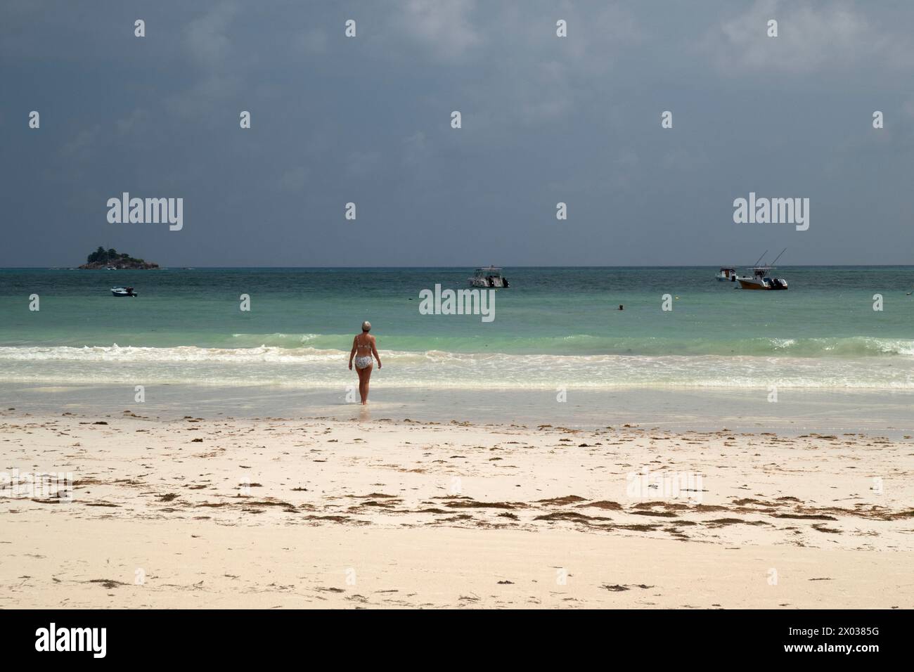 Cote d’Or Beach, Praslin, Seychellen, Indischer Ozean Stockfoto