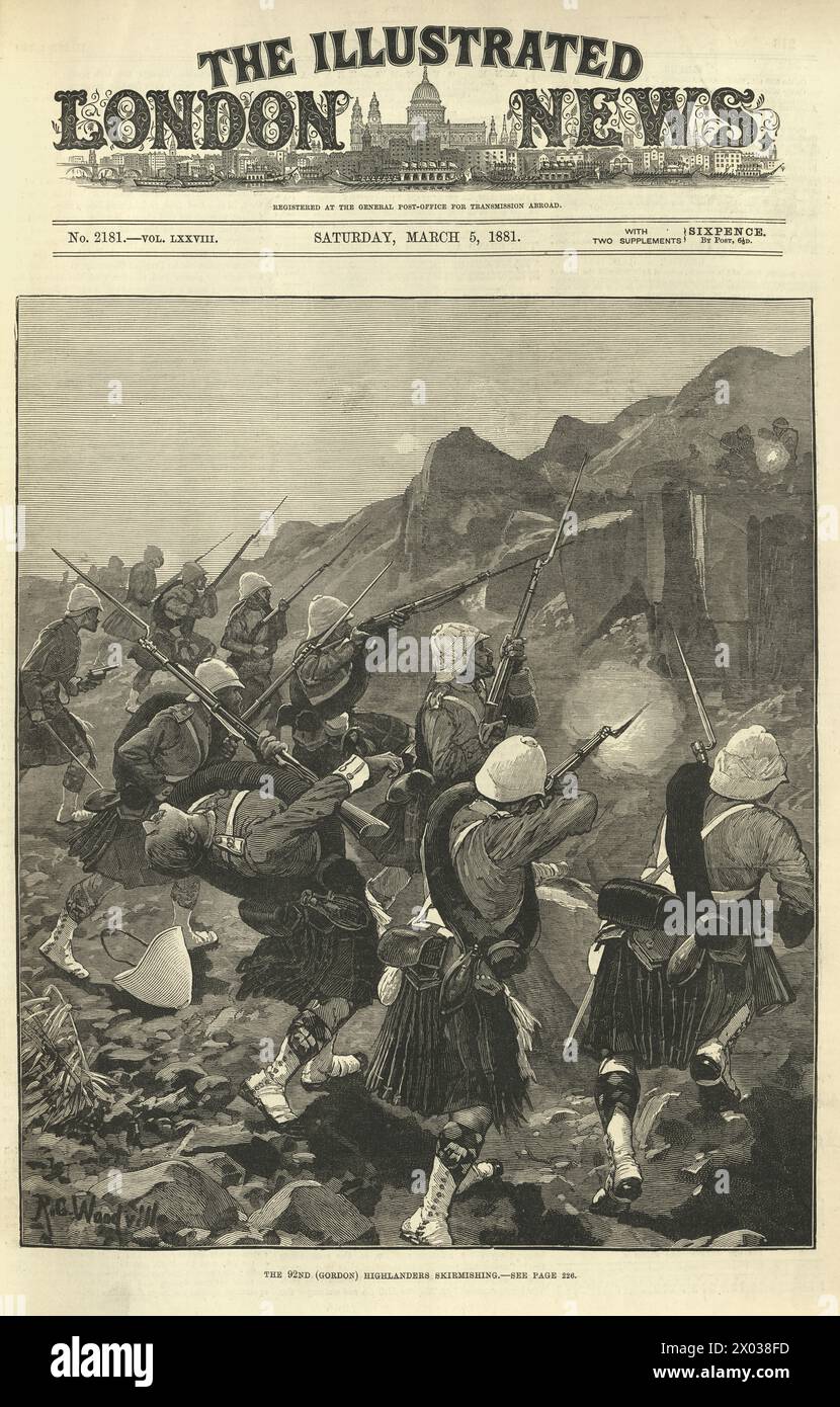Vintage-Illustration Schlacht am Majuba Hill, erster Burenkrieg, 92. (Gordon Highlanders) Regiment of Foot, das einen Hügel hinaufzieht, 19. Jahrhundert Stockfoto