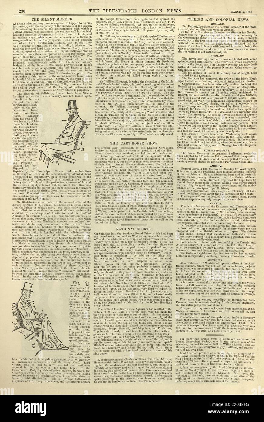 Old News Paper Page, Politics, Silent Member, Parliament, 1880er Jahre, Viktorianische Politische Geschichte Stockfoto
