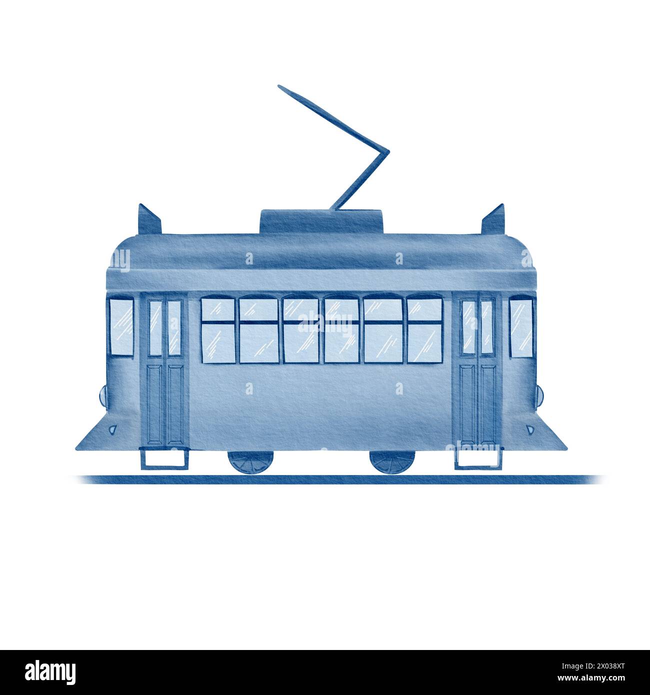 Gelbe Straßenbahn Nr. 28. In der monochromen Technik der Azulejo-Fliesenfarben blau und weiß. Aquarellabbildung. Element der Azulejo-Fliesen. Für Stockfoto