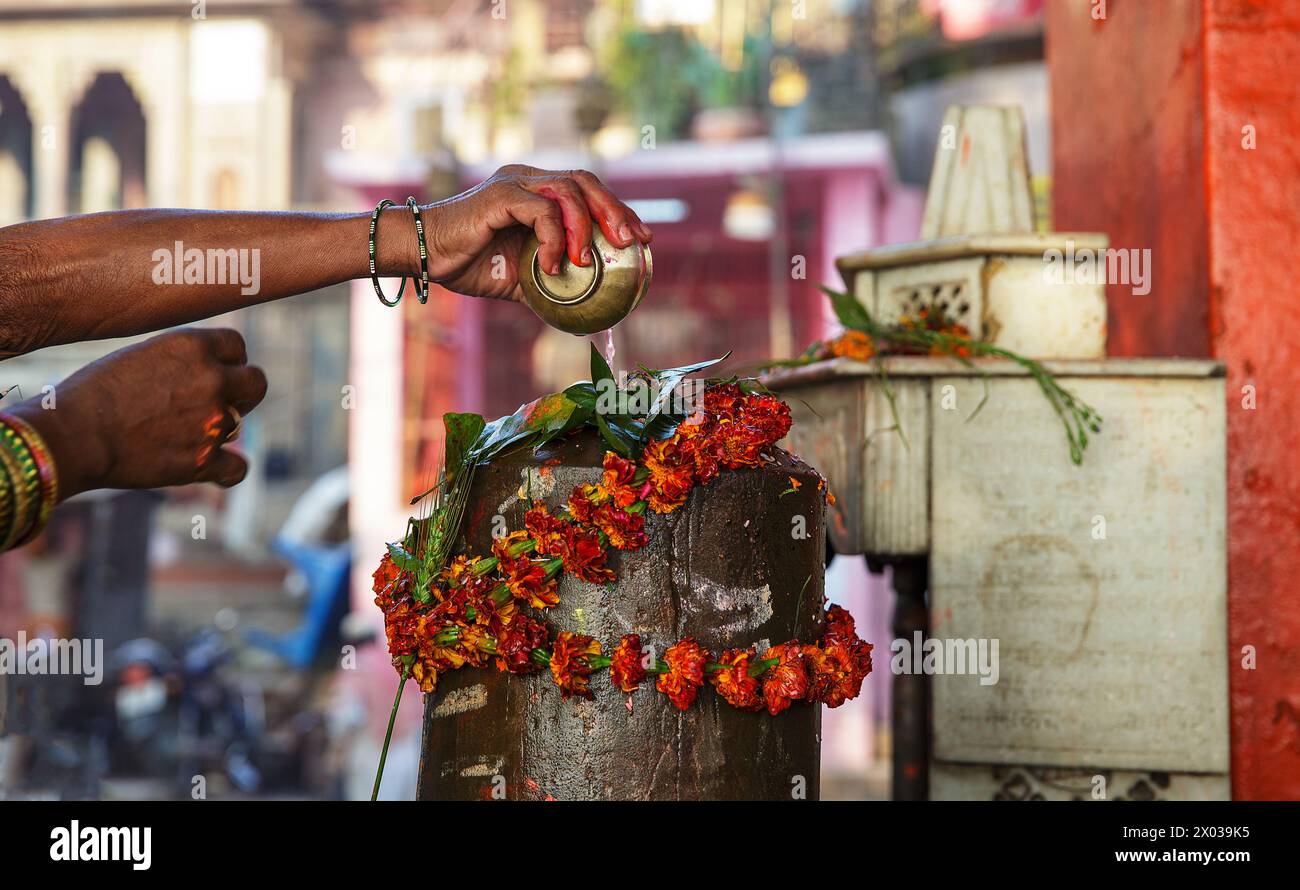 Lingam abhishekam in Varanasi, Indien. Stockfoto