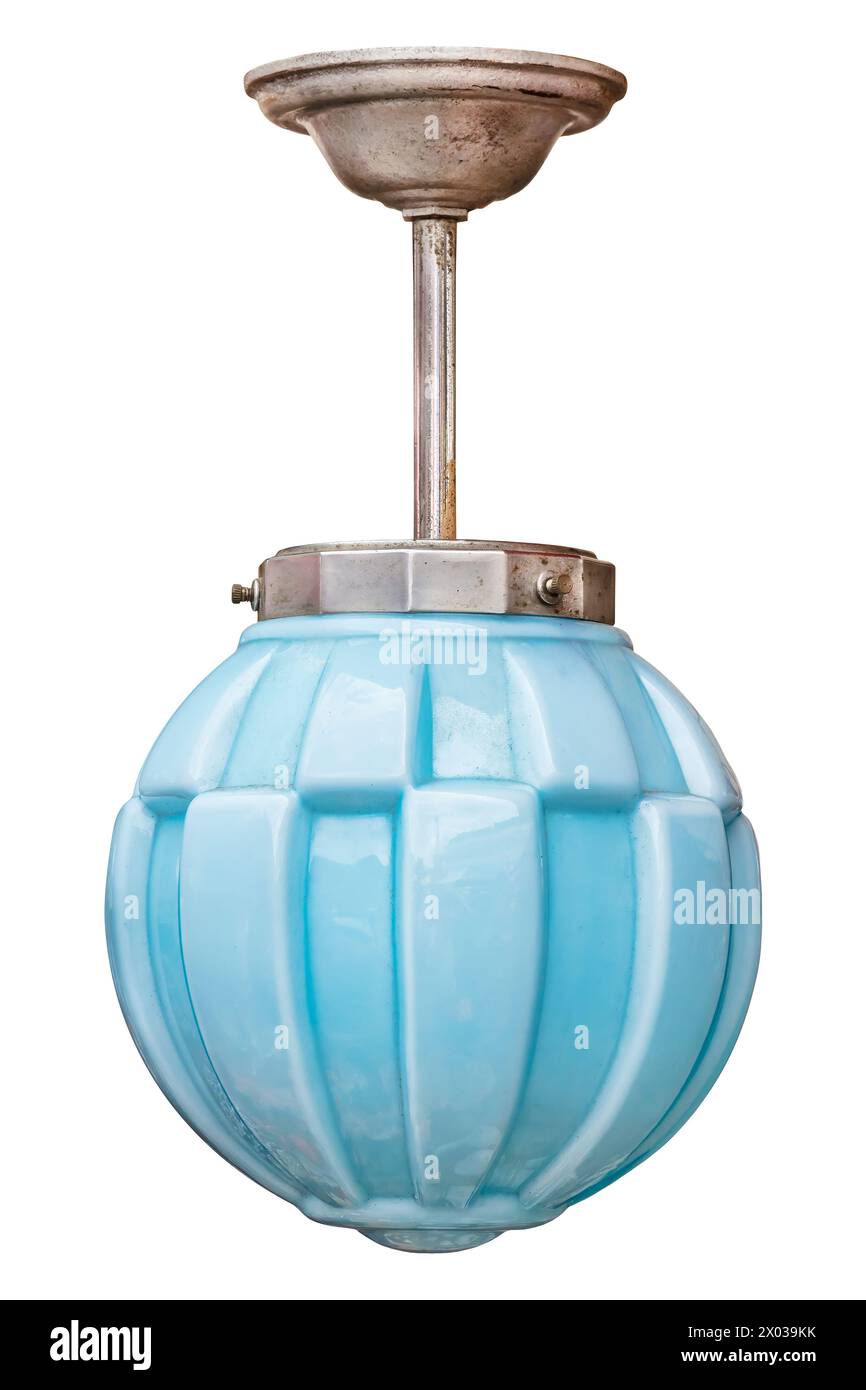 Vintage Art Deco Lampe mit blauem Glas isoliert auf weißem Hintergrund Stockfoto