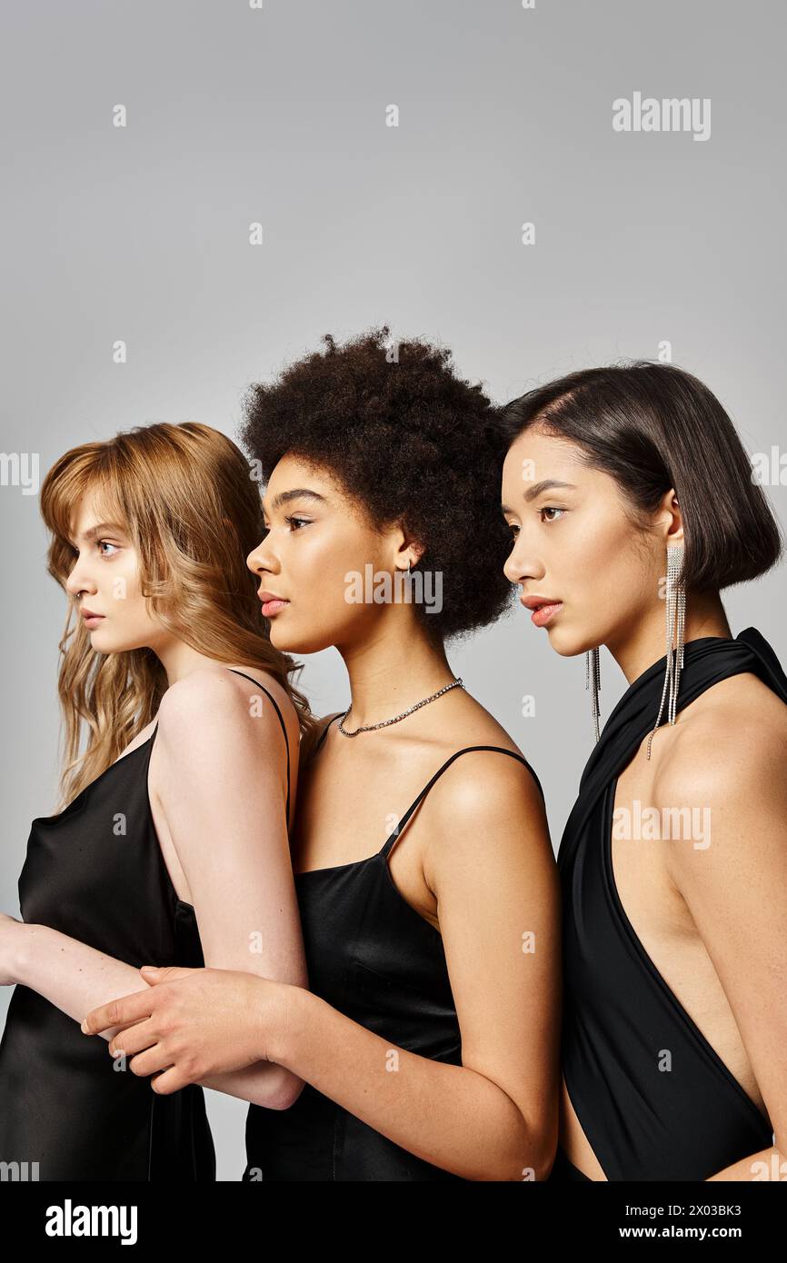Eine vielfältige Gruppe eleganter Frauen unterschiedlicher Ethnien, die in Harmonie vor grauem Atelierhintergrund stehen. Stockfoto
