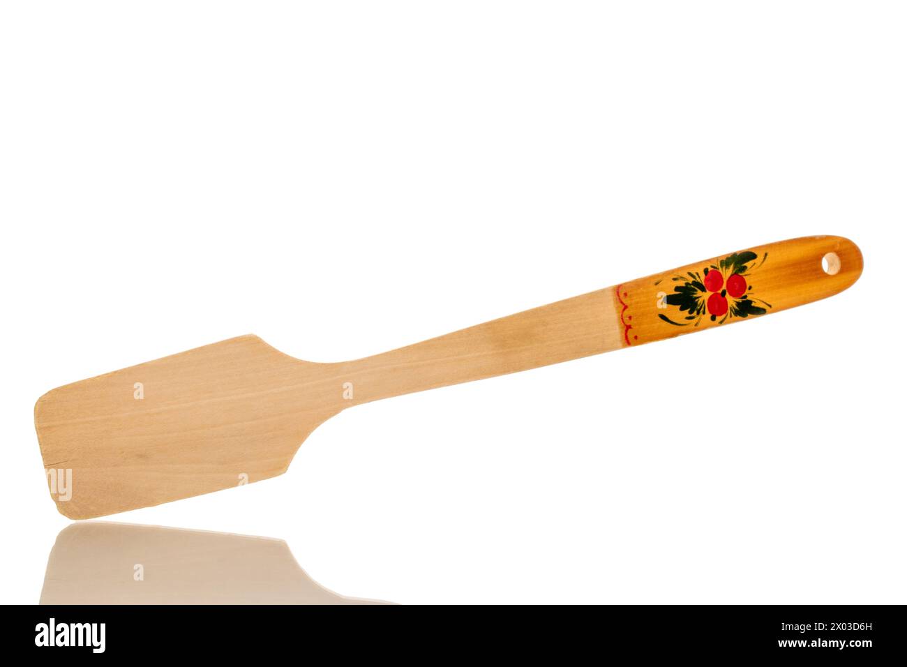 Ein Holzspachtel, Makro, isoliert auf weißem Hintergrund. Stockfoto