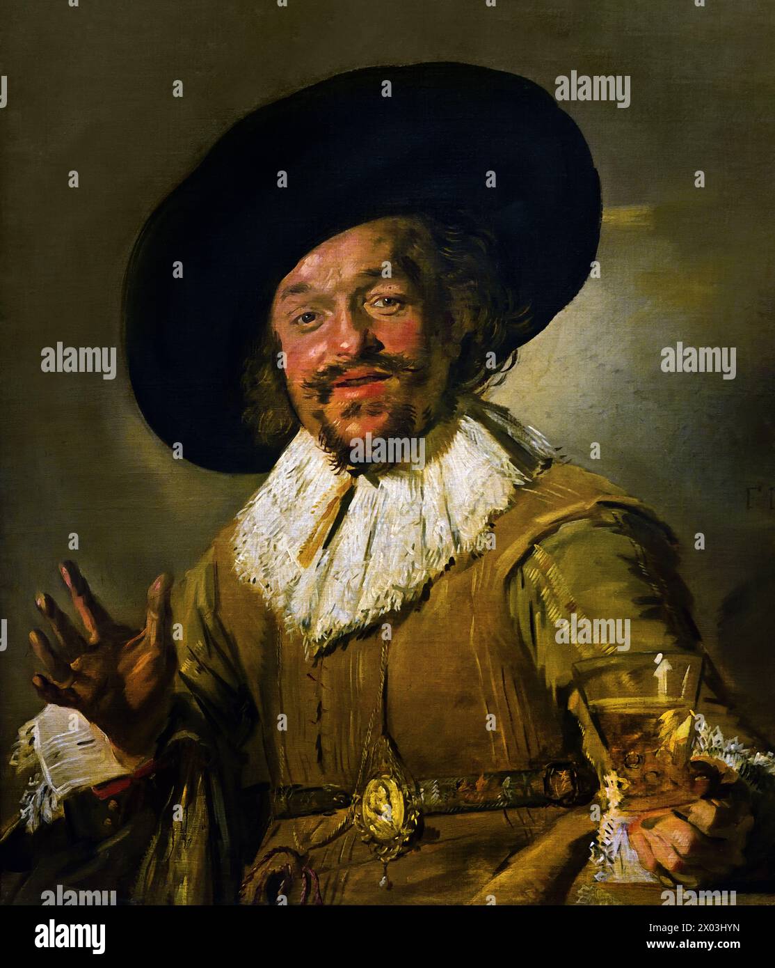 Der fröhliche Trinker - Ein Miliz, der einen Berkemeyer hält, bekannt als der fröhliche Trinker Frans Hals, 1582-1666, Antwerpen-Haarlem, Niederländisch, Niederlande, 17. Jahrhundert, niederländisches Goldenes Zeitalter ( Er malte lebendige, manchmal sogar fröhliche Porträts von Menschen aller Ebenen der Gesellschaft, wichtigen Menschen, frechen Kindern und sogar Betrunkenen oder Menschen, die für verrückt erklärt wurden. ) Stockfoto