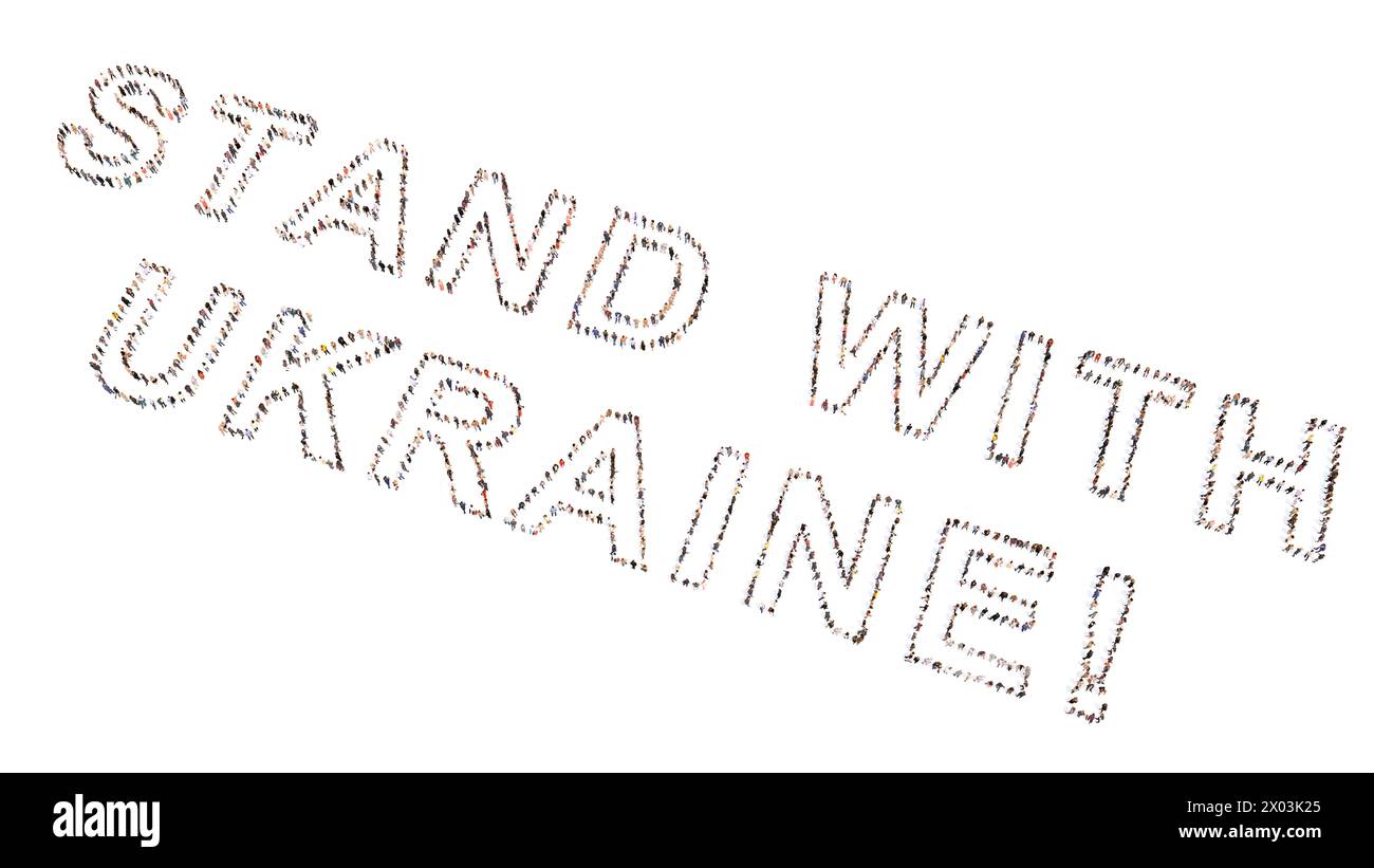 Konzeptionelle große Gemeinschaft von Menschen, die sich FÜR DIE Botschaft DER UKRAINE EINSETZEN. 3D Illustration Metapher für Solidarität, Zusammenarbeit, Mitgefühl, Freundlichkeit Stockfoto