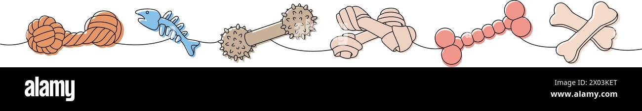 PET-Zubehörset. Hund Kauspielzeug, Fischknochen Skelett, Hund Schlepper, Knochen durchgehende einzeilige Illustration. Lineare Vektordarstellung. Stock Vektor