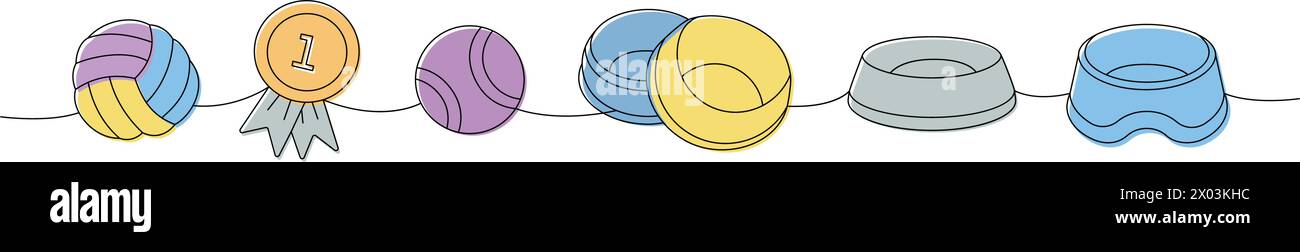 Set mit Haustierzubehör. Hundekugelspielzeug, Medaille des ersten Platzes, Tennisball, Tierschale, Hundeschüssel durchgehende 1-zeilige Illustration. Lineare Vektordarstellung. Stock Vektor