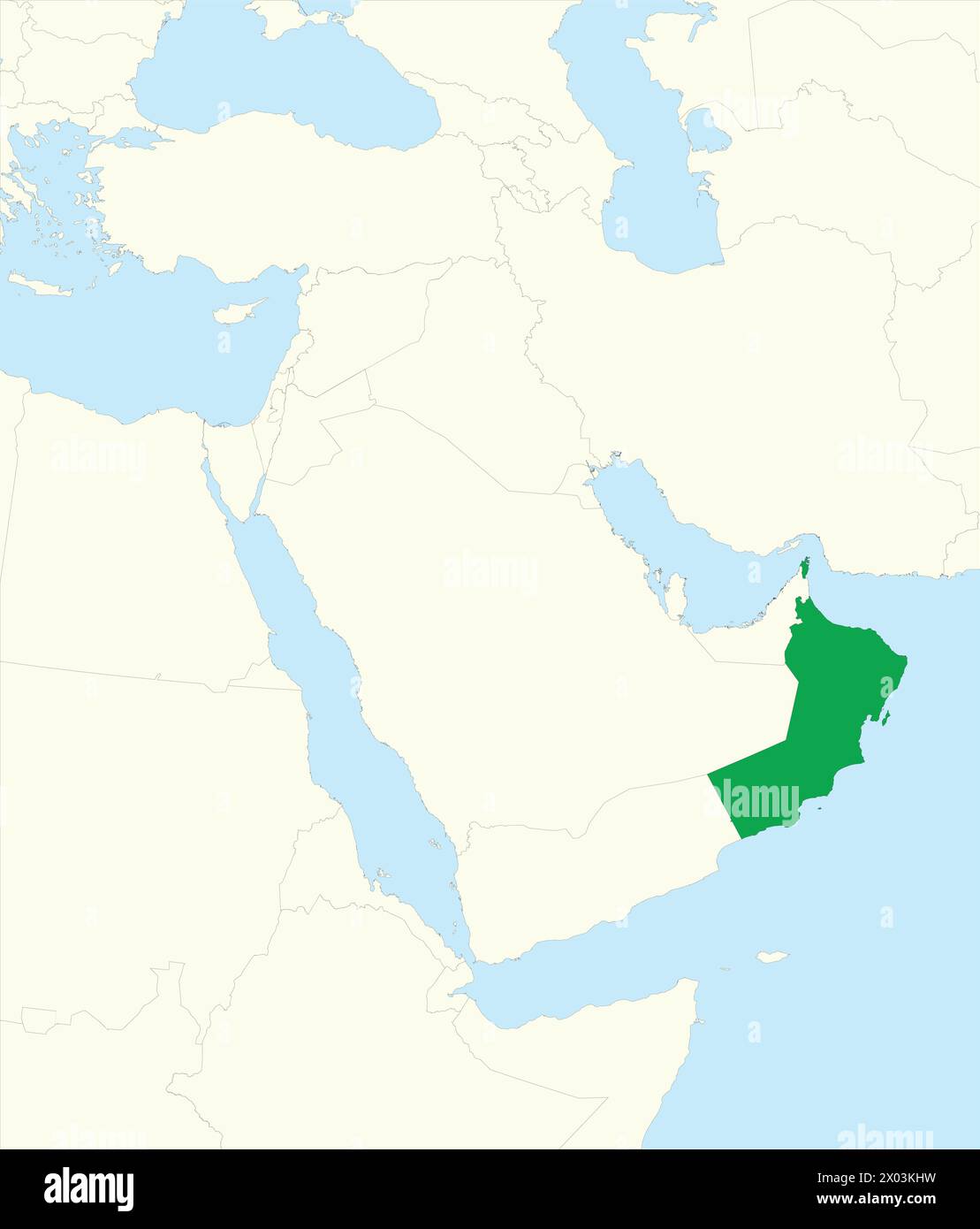 Grüne Karte von OMAN in beigefarbener Karte des Nahen Ostens Stock Vektor
