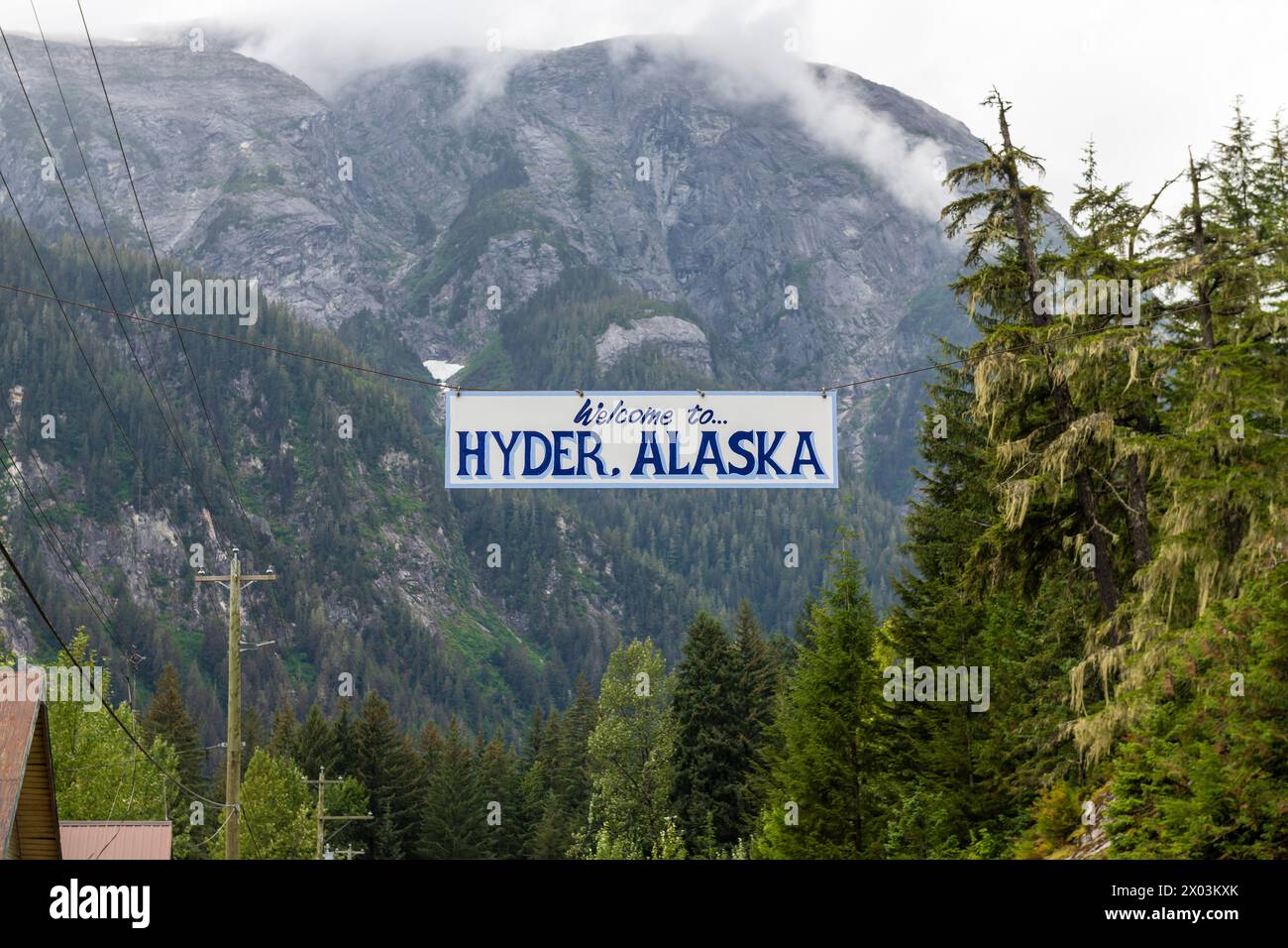 Willkommensschild von Hyder Town, Alaska, USA. Stockfoto