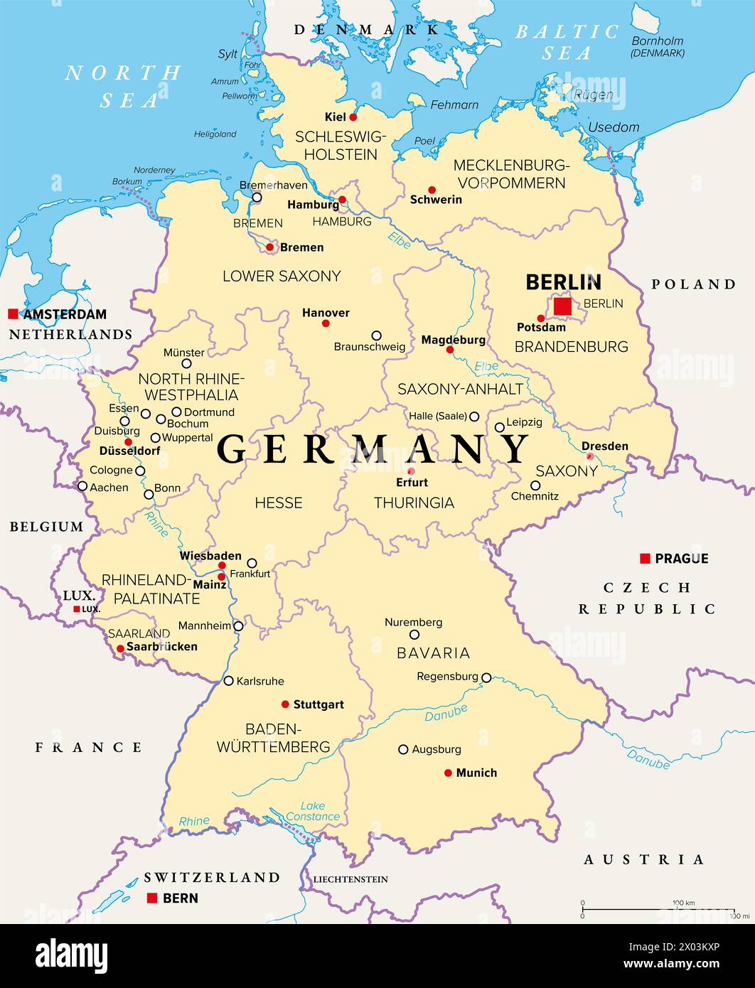 Deutschland, offiziell Bundesrepublik Deutschland, politische Karte. Land in Mitteleuropa mit Hauptstadt Berlin. Bestehend aus 16 staaten. Stockfoto