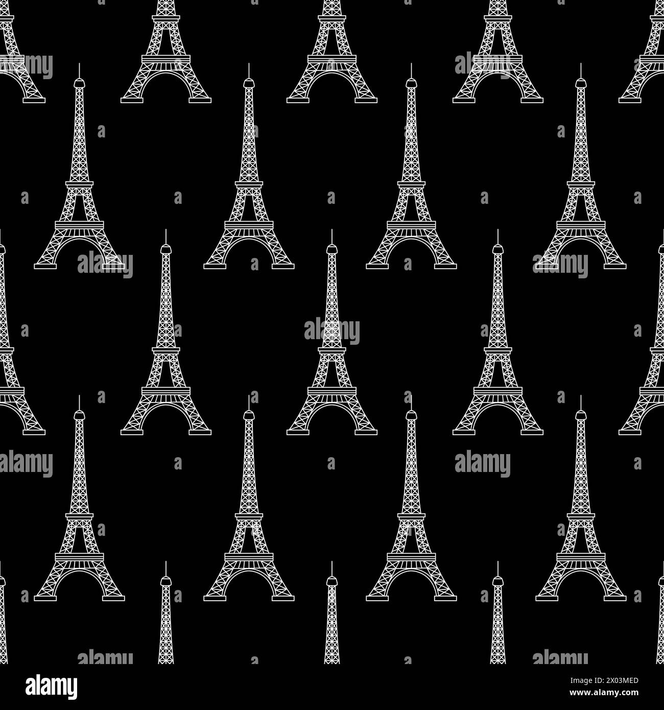 Eiffelturm Muster schwarz-weiß. Französische Nationallankmark. Nahtloser Vektor-Hintergrund. Handgezeichnetes französisches Symbol Stock Vektor