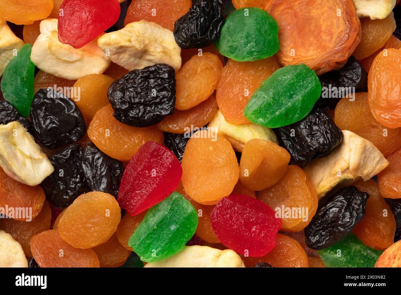 Getrocknete Früchte, Tutti Frutti, Vollbild als Hintergrund Nahaufnahme Stockfoto