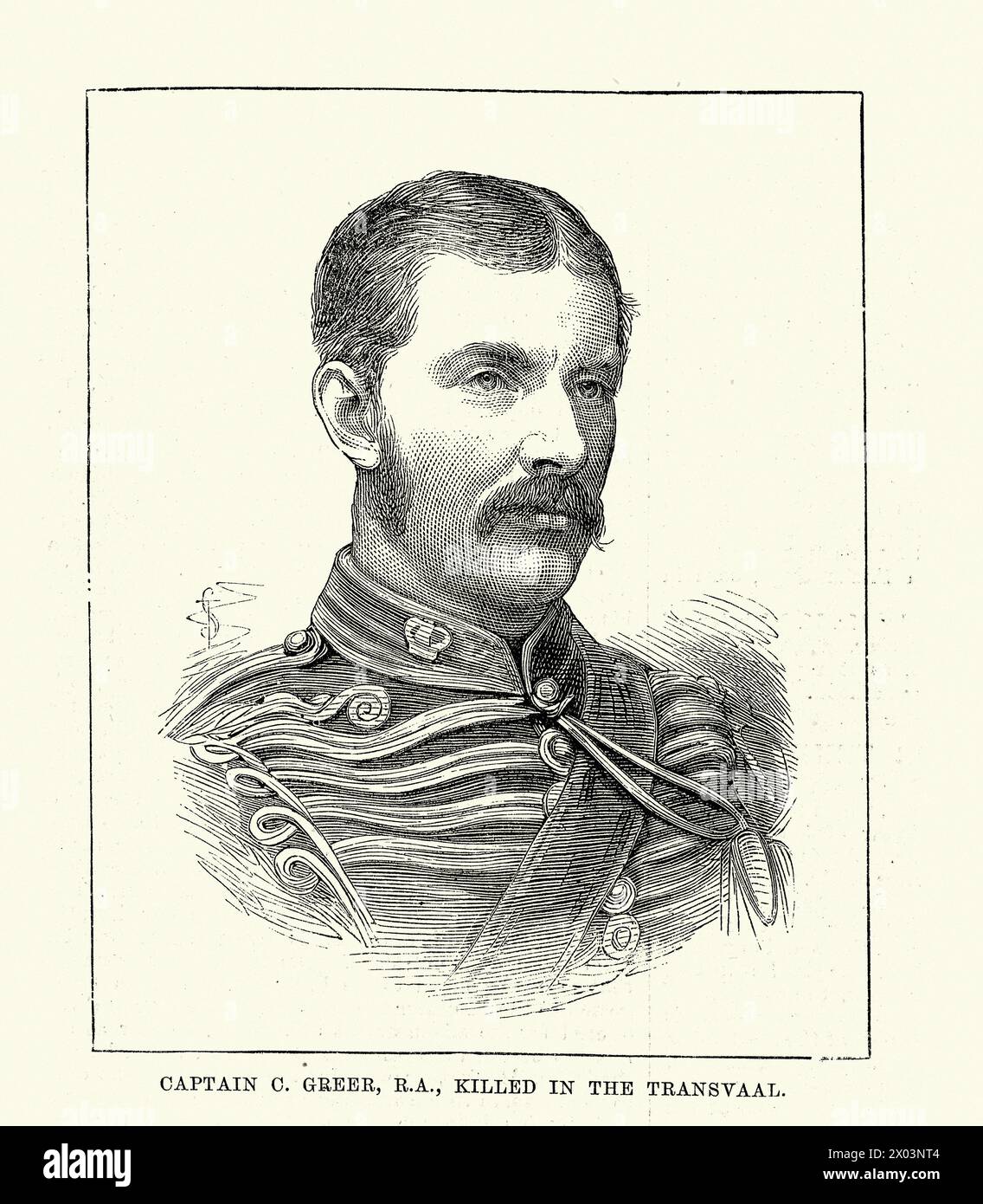 Erster Burenkrieg, Captain C. GREER britischer Armeeoffizier, getötet bei Ingogo am 8. Februar 1881, Victorian Military History, Vintage Illustration Stockfoto