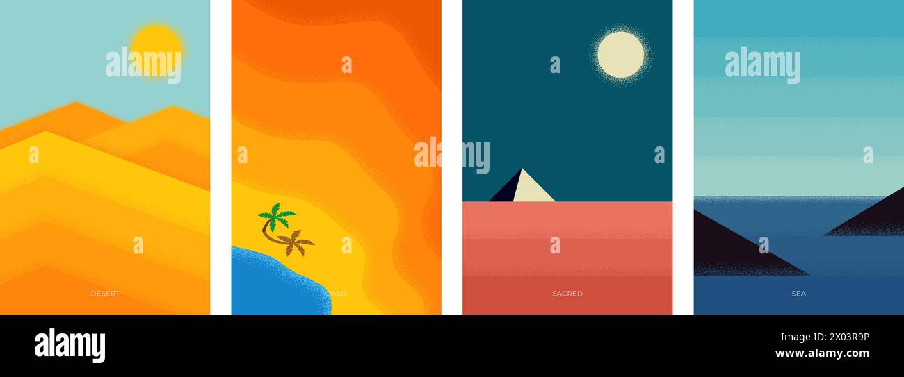 Abstraktes Retro-Poster mit minimalen Sommerreisen. Wüstensanddünen mit Vintage-Print unter Sonnenlicht und sahara-Oase. Ägyptische Pyramide im Mondlicht und Felsen im Meer. Trendiges minimalistisches Vektorplakat Stock Vektor