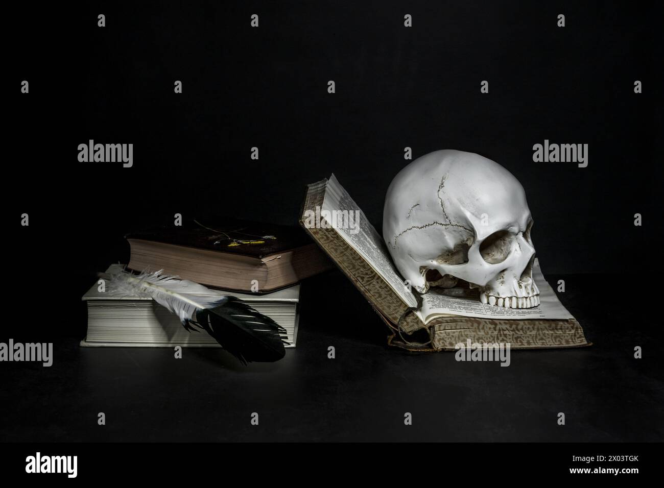 Weißer Schädel in einem offenen Buch auf einem schwarzen Tisch neben anderen Büchern Stockfoto