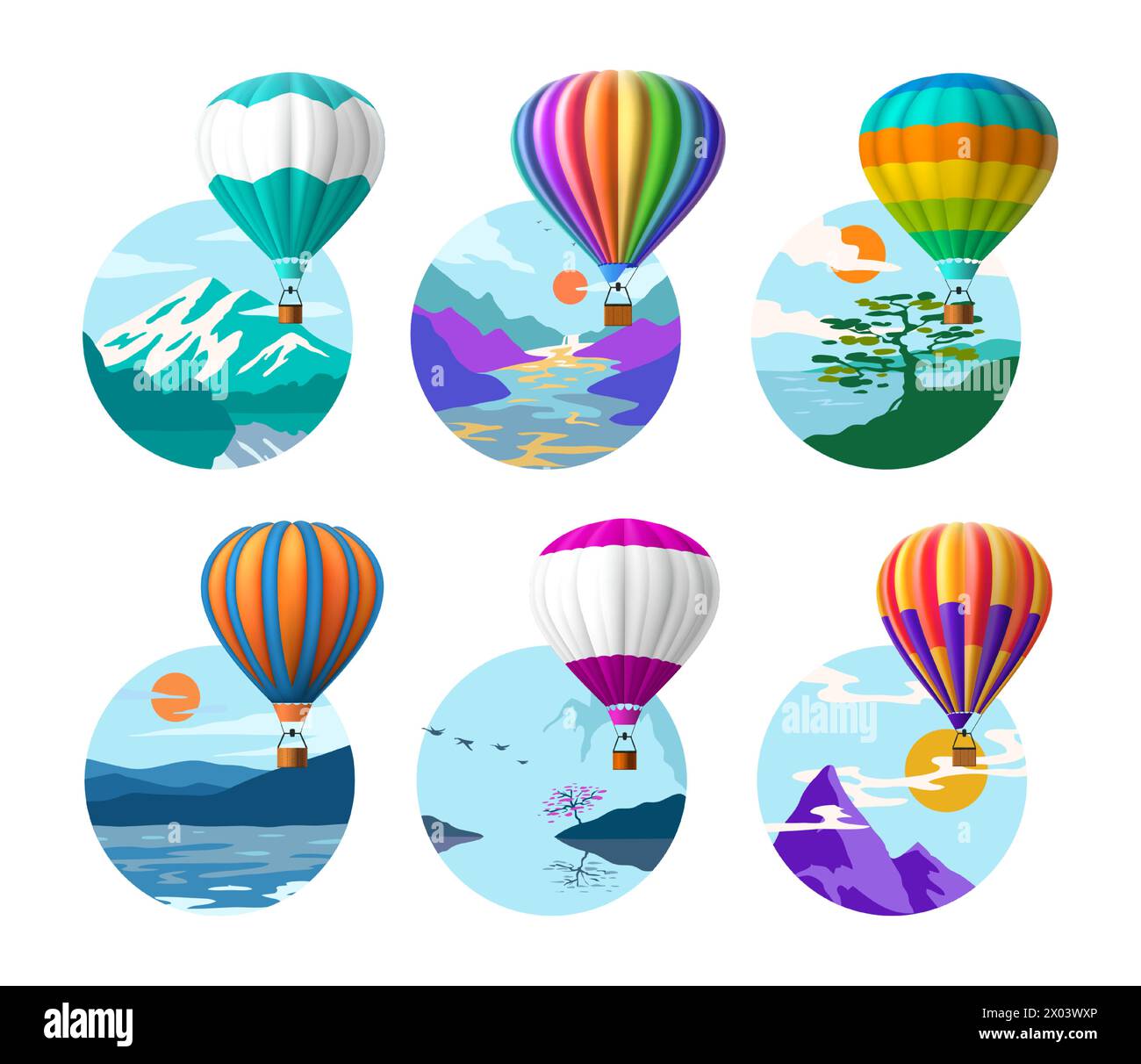 Heißluftballon. Antennenweg. Abenteuerreise. Malerische Naturlandschaft. Wilde Berge. Flusswasser. Ballonflug. Himmelswolken. Fliegendes Fahrzeug. Felsspitzen. Vektor Sommer Tourismus Banner Set Stock Vektor