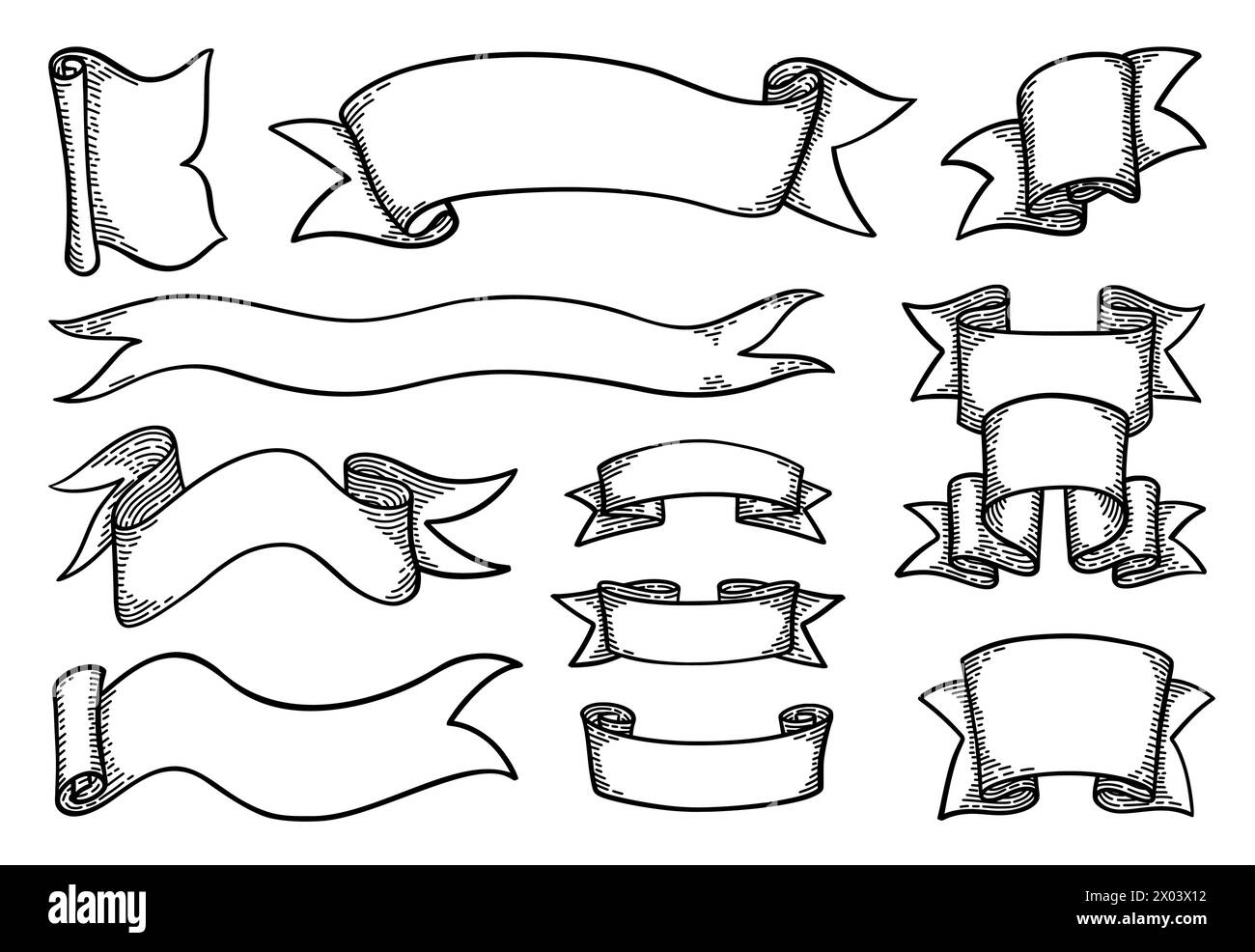 Retro-Bänder. Banner Flag verschiedene Formulare mit Kopierraum für Text, alte Handzeichnung Scrollkurve Etikett oder Rahmen, Papierstil Linienelemente für Emblem und Etikett. Vektorgrafik entwirft isolierte Elemente Stock Vektor