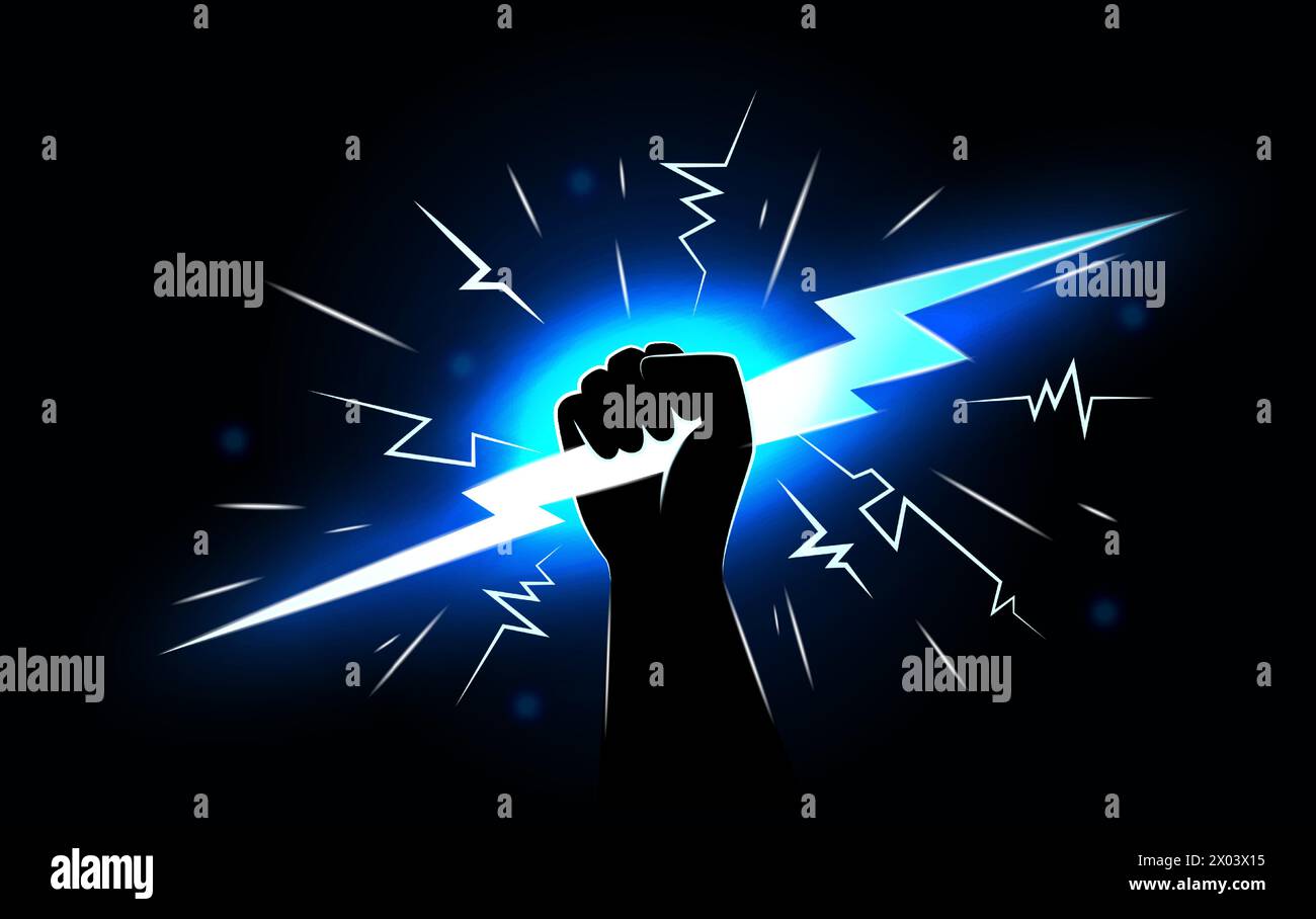 Betriebsanzeigen. Donner Bolt in super Zeus Hand, Energy man hält blau leuchtenden Donner, Elektriker Gott oder Held. Zickzackspannung, Sieg und Anführersymbol. Vektorstärke-Logo, isolierte Illustration Stock Vektor