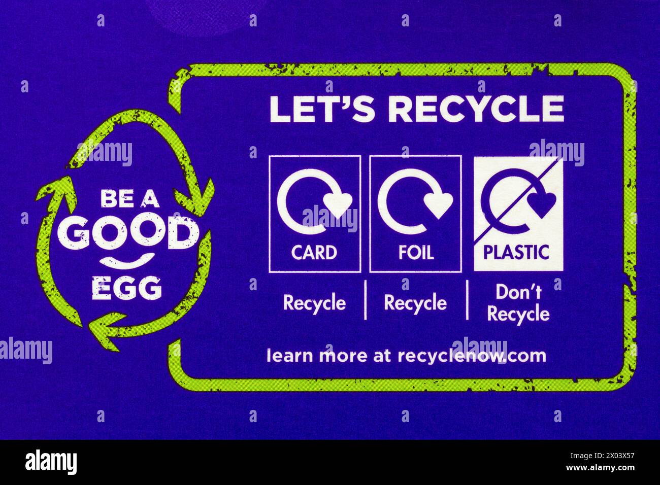 Sei ein gutes Ei, lass uns recyceln - Details auf der Schachtel mit Cadbury Twirl Orange Osterei Stockfoto