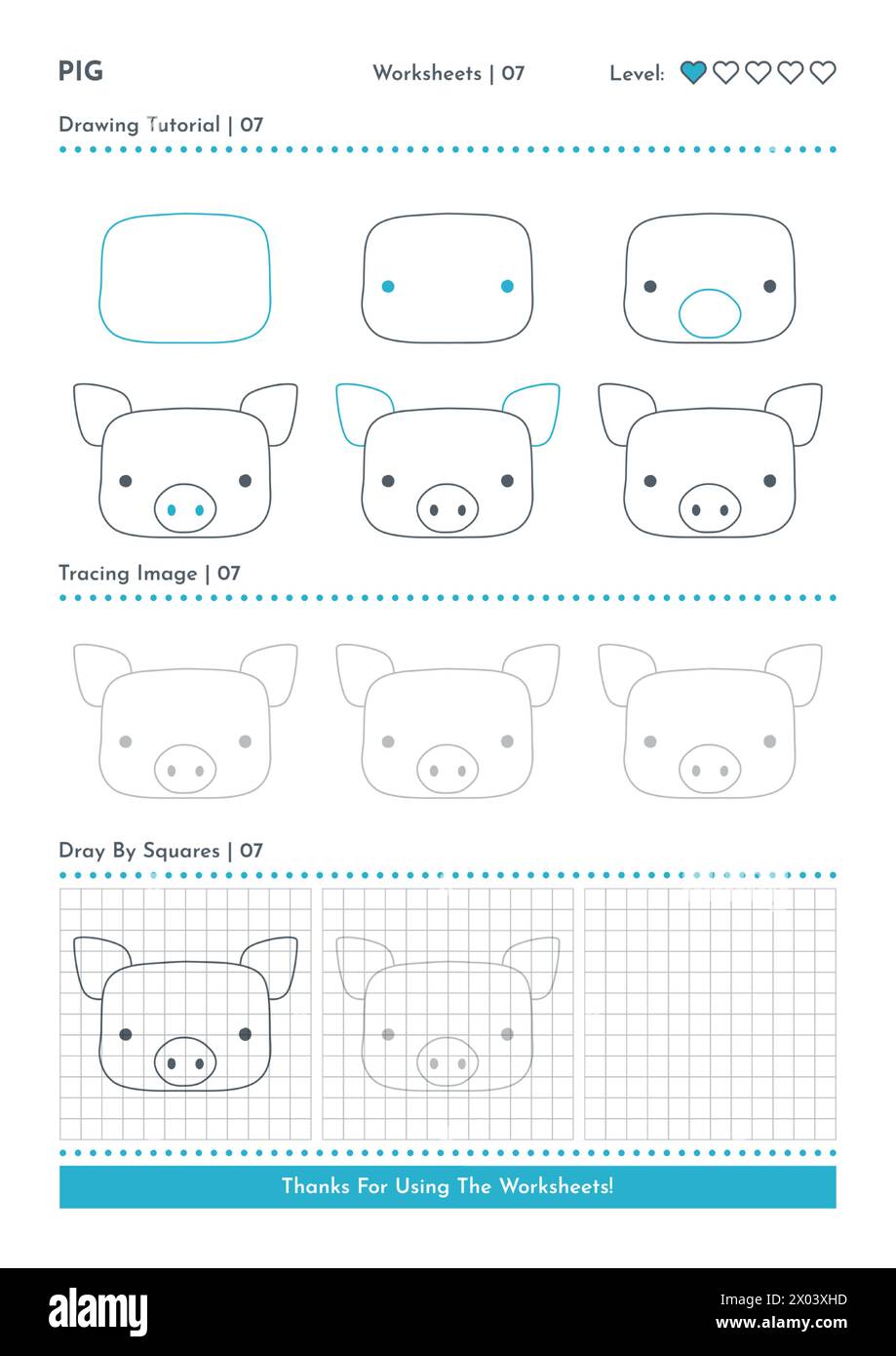 Anleitung zum Zeichnen von Doodle Pig, Zeichentrickfigur Schritt-für-Schritt-Zeichnen. Übungsblätter Für Kinder Stock Vektor