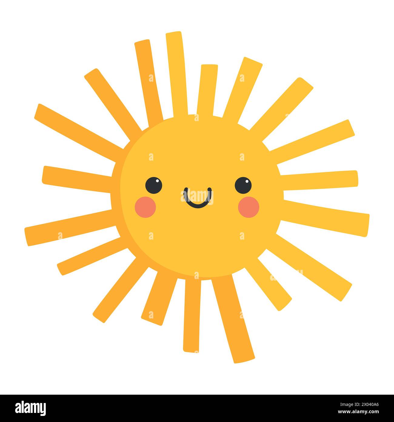 Niedliche Zeichentrickfigur mit einem Lächeln der Sonne. Kindlicher Stil. Sonnensymbol. Vektorabbildung Stock Vektor
