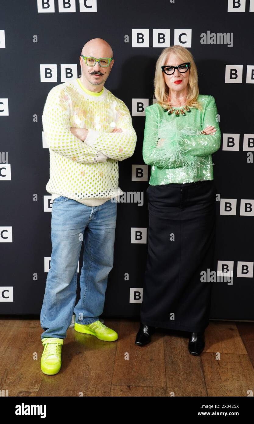 Dominic Skinner und Val Garland nehmen an der Vorführung der 6. Serie von Glow Up im Covent Garden Hotel in London Teil. Bilddatum: Dienstag, 9. April 2024. Stockfoto