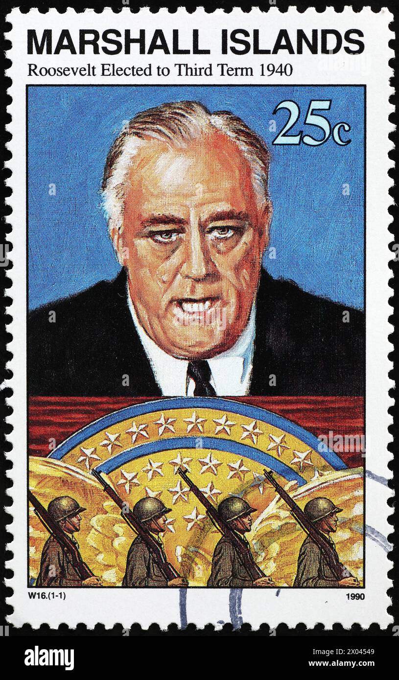 Präsident Franklin D. Roosevelt auf Briefmarke von den Marshallinseln Stockfoto