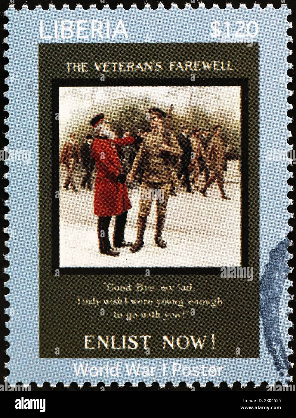 Rekrutierungsplakat für den Ersten Weltkrieg auf Briefmarke Stockfoto