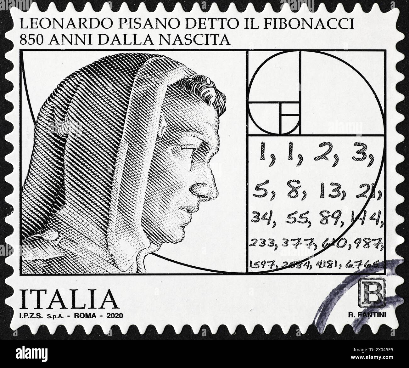 Die berühmte Fibonacci-Sequenz wird auf italienischem Stempel gefeiert Stockfoto