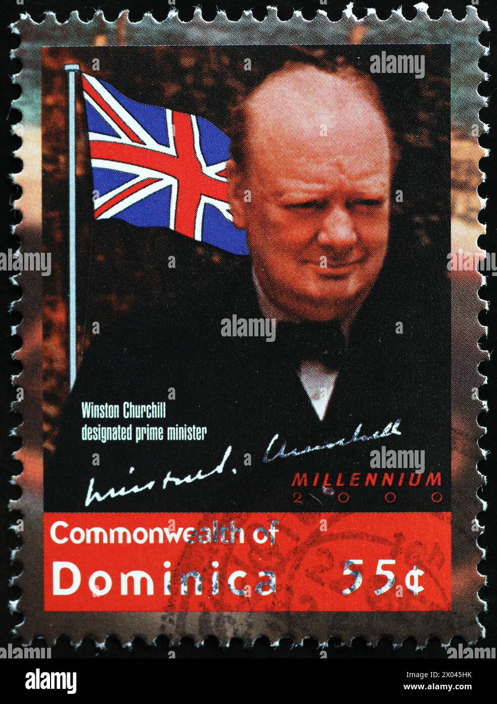 Winston Churchill und seine Unterschrift auf Briefmarken Stockfoto
