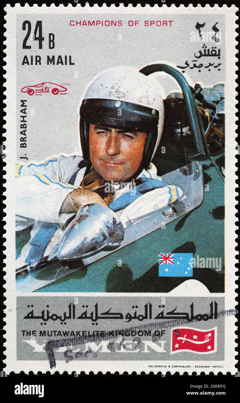 Autofahrer Jack Brabham auf Briefmarke Stockfoto